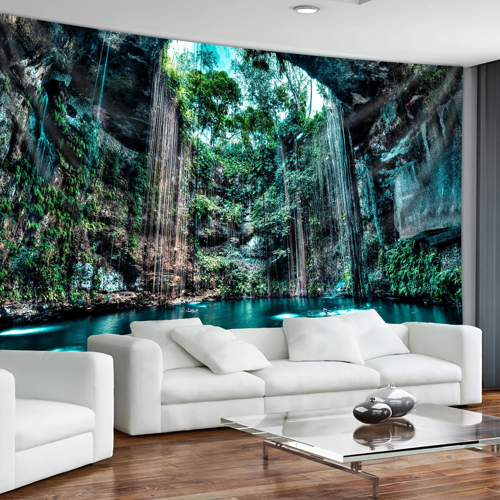 Enchanting Cenote Waterfall Tapestry featuring turquoise natural pool, cascading waterfalls and lush greenery in limestone cave