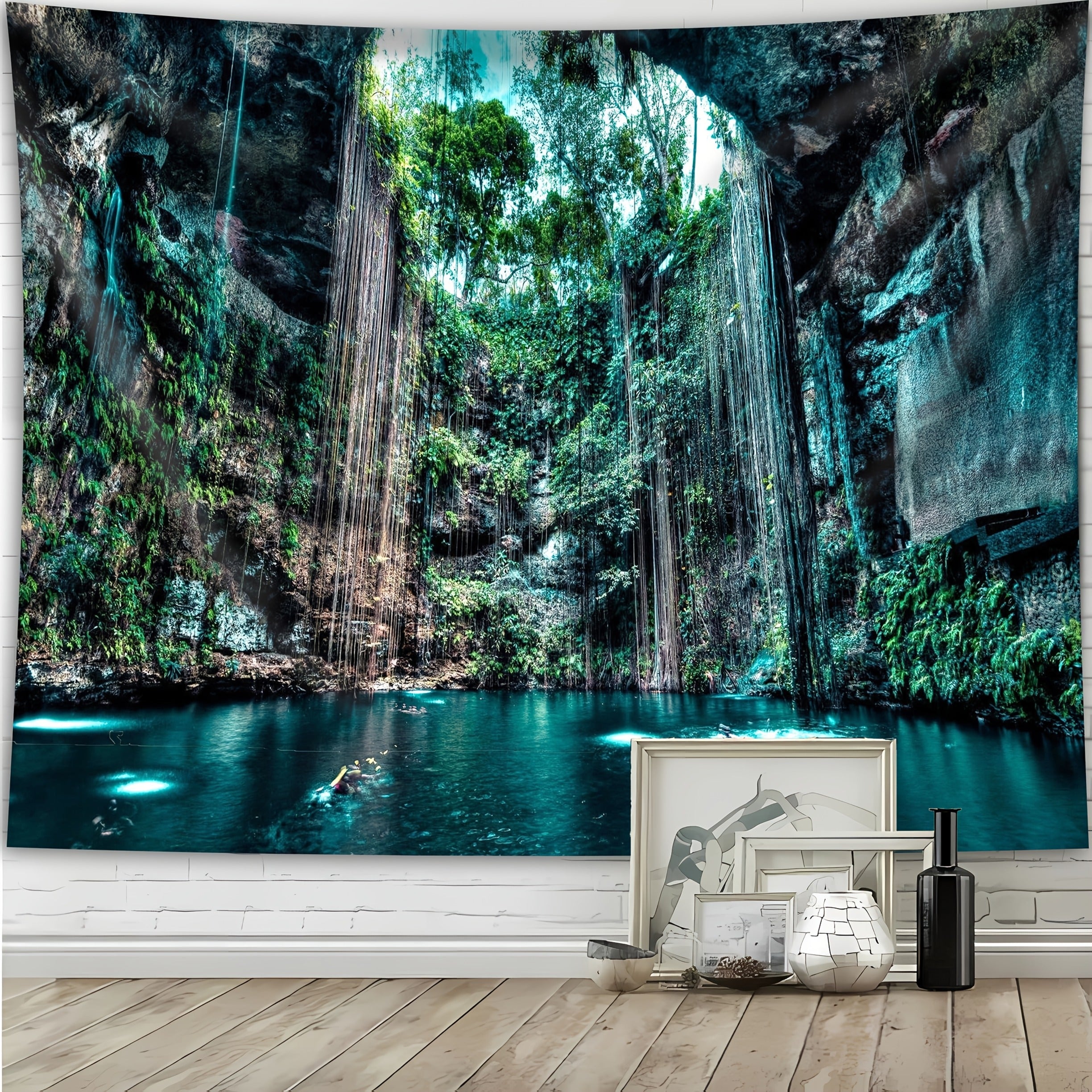 Enchanting Cenote Waterfall Tapestry featuring turquoise natural pool with cascading waterfalls in lush cave setting