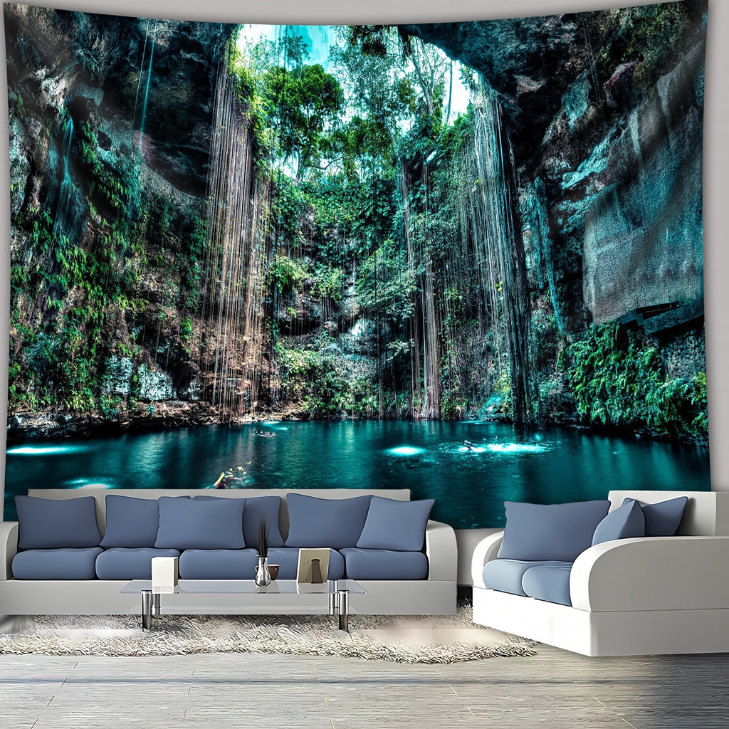 Enchanting Cenote Waterfall Tapestry featuring turquoise waters in natural limestone cave with cascading waterfalls and lush greenery