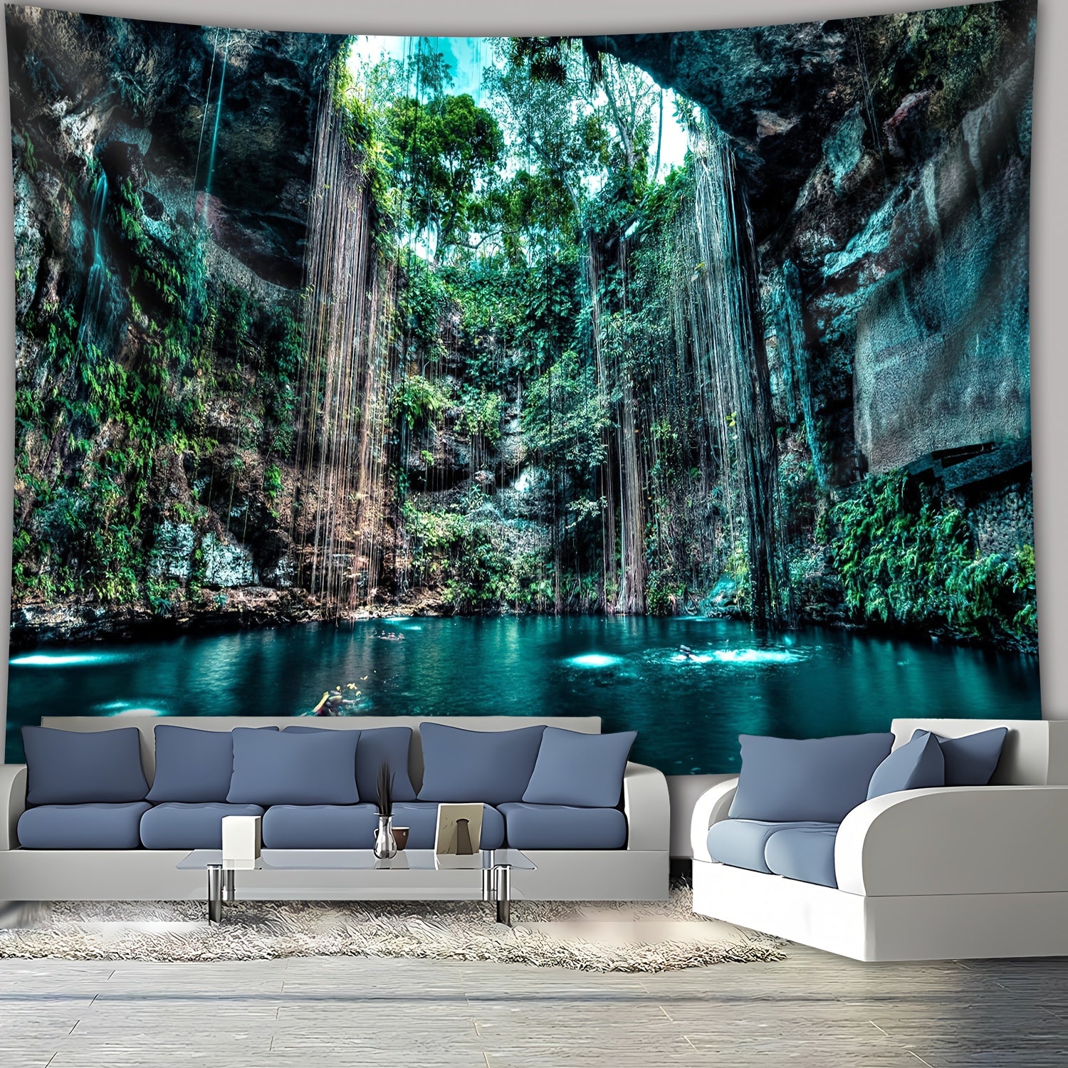 Enchanting Cenote Waterfall Tapestry featuring turquoise waters in natural limestone cave with cascading waterfalls and lush greenery