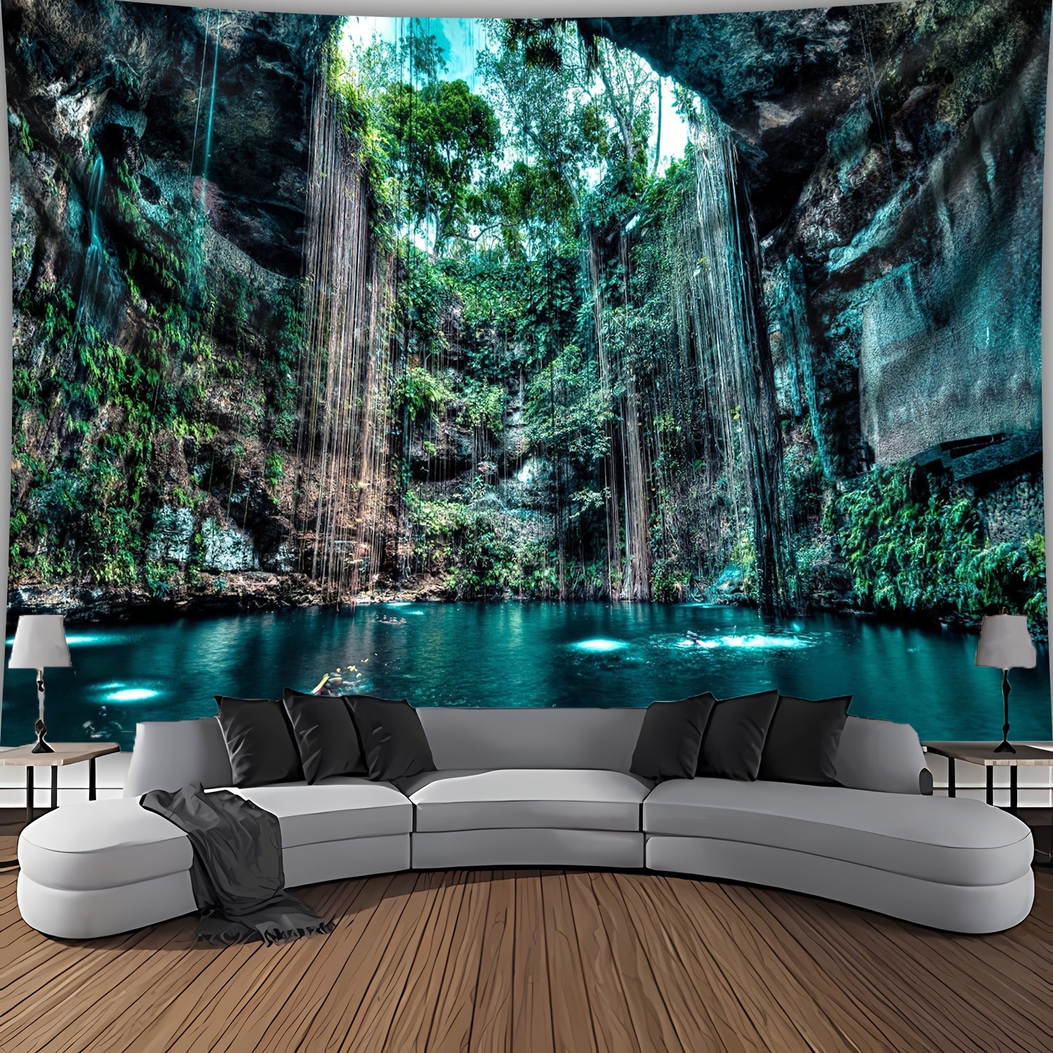 Enchanting Cenote Waterfall Tapestry showing turquoise natural cave pool with cascading waterfalls and lush greenery in limestone cavern