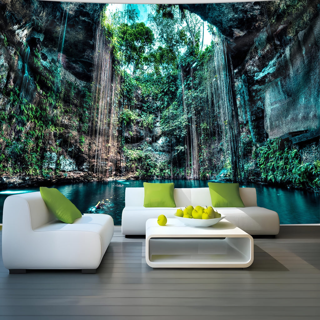 Enchanting Cenote Waterfall Tapestry showing turquoise natural pool with cascading streams in lush cave setting with green foliage