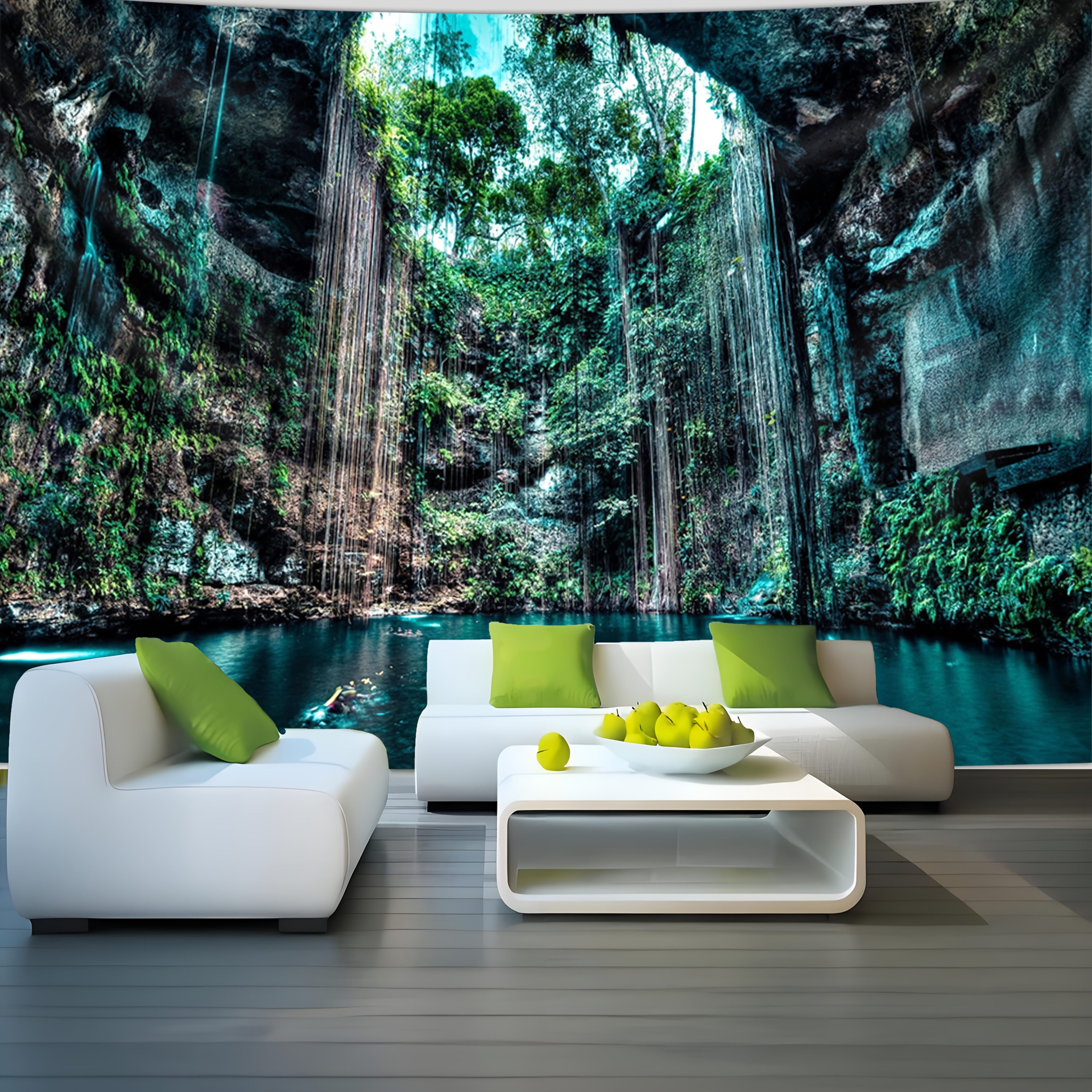 Enchanting Cenote Waterfall Tapestry showing turquoise natural pool with cascading streams in lush cave setting with green foliage