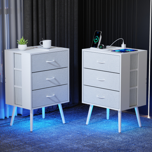HighPeak Custom LED Nightstands - Set of 2 white units with three drawers, blue LED glow, and USB charging ports in modern bedroom.