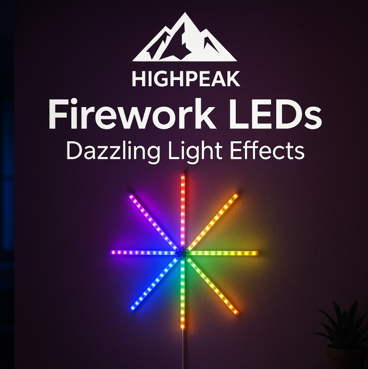 HighPeak Firework LEDs displaying colorful starburst pattern with rainbow LED strips against dark background