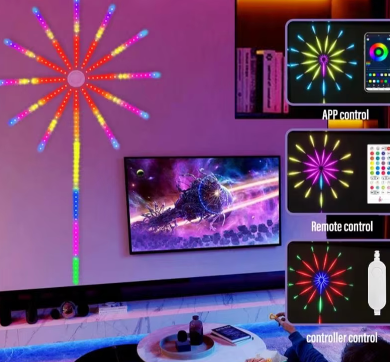 Firework LEDs display showing multicolor starburst pattern with app control interface and room setup demonstration