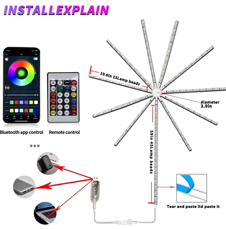 Firework LEDs installation diagram showing app control, remote, and LED strip arrangement with mounting details