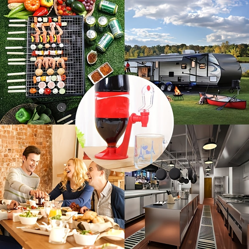 FizzFlow Soda Dispenser in red and clear plastic, mounted on bottle showing gravity-pour spout for easy drink dispensing