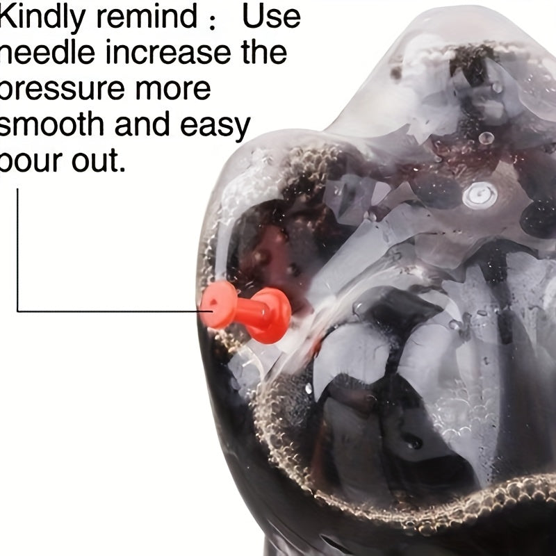 FizzFlow Soda Dispenser with red tap attachment shown on dark soda bottle, demonstrating easy-pour spout installation