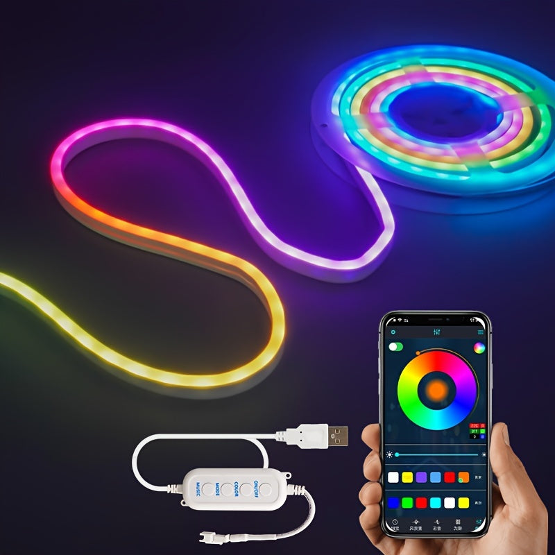 Flexible LED strip lights with smartphone app control displaying vibrant rainbow colors on dark background - Flex Edition