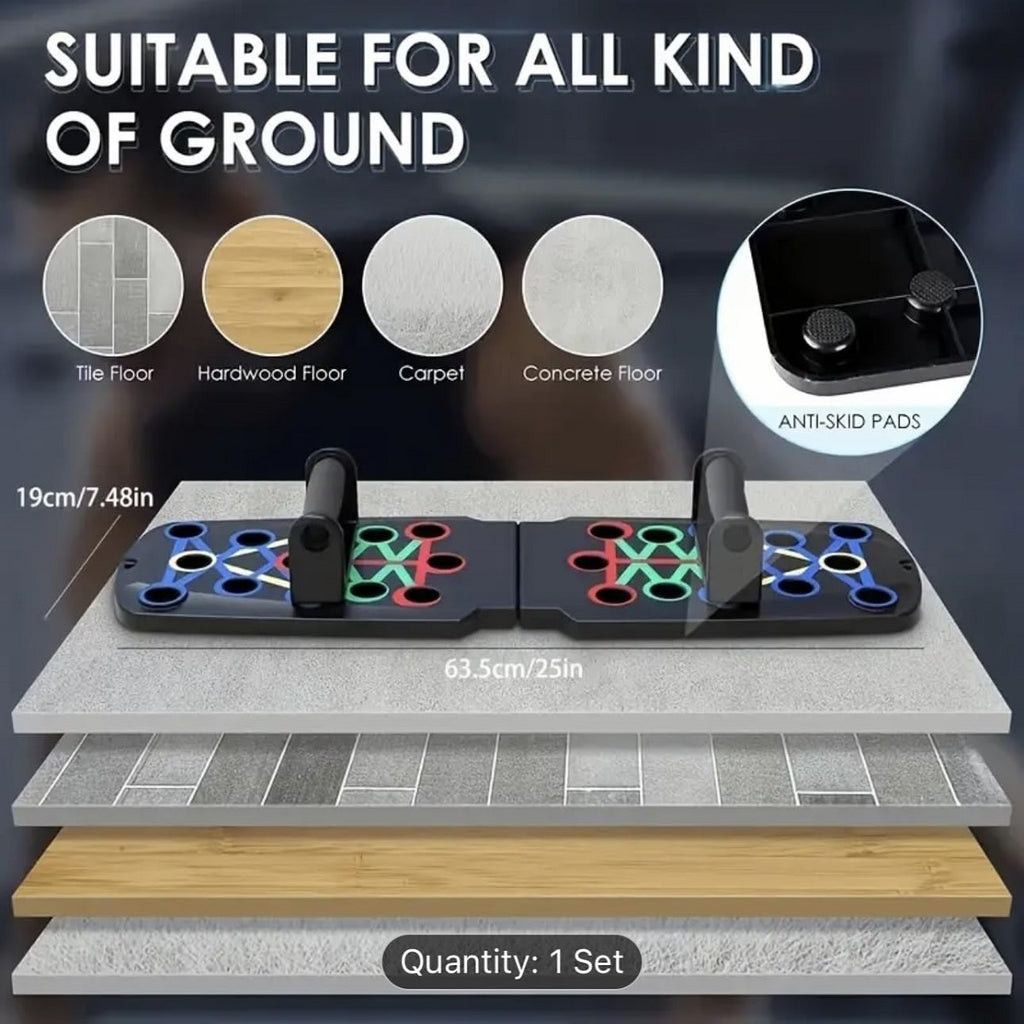 SolidPush™ Push-Up Board showing color-coded hand positions and anti-skid pads for stable use on various floor types.
