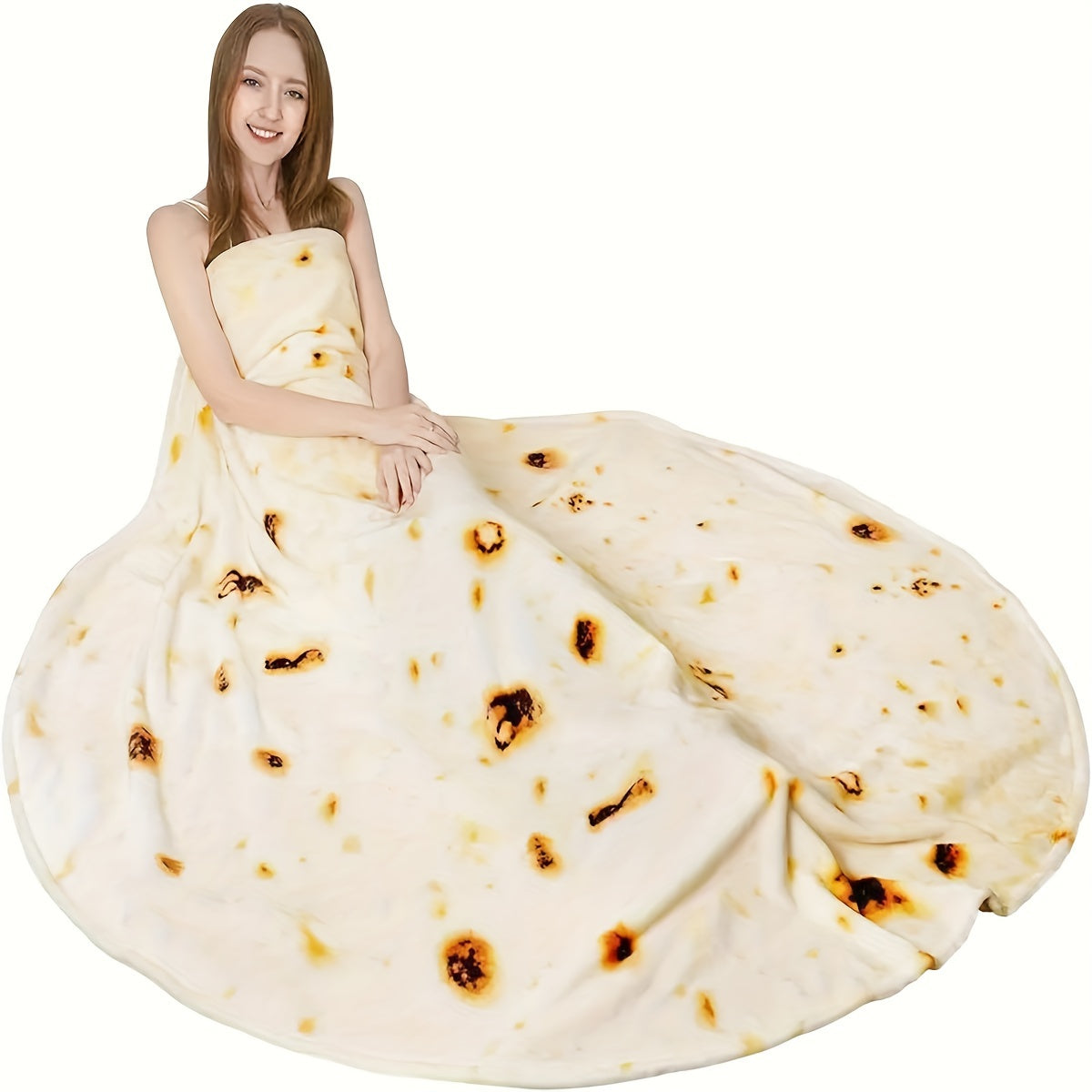 Food Blanket tortilla wrap design displayed as circular plush blanket with realistic flour tortilla pattern and brown toasted spots