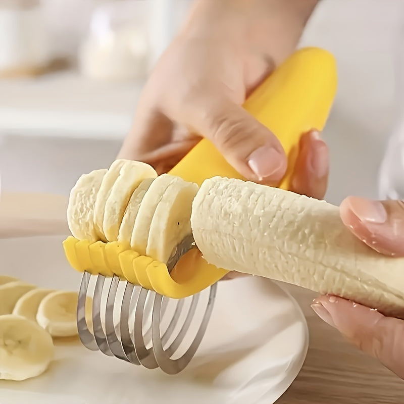 Food prep tool slicing bananas and zucchinis