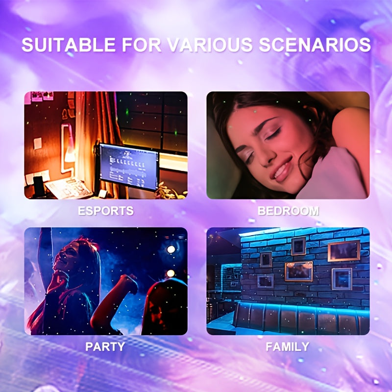 Four-panel grid showing Astronaut Galaxy Projector usage scenarios - gaming setup, bedroom, party atmosphere, and family room with projected starry effects