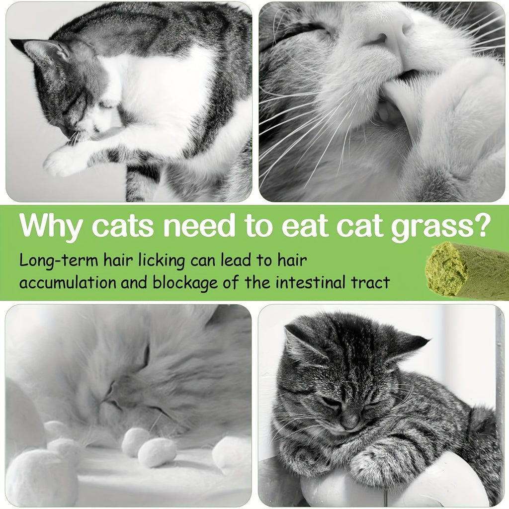 Four cats in black and white photos showing grooming behavior with cat grass benefits infographic - Purrfectly Natural Cat Grass product