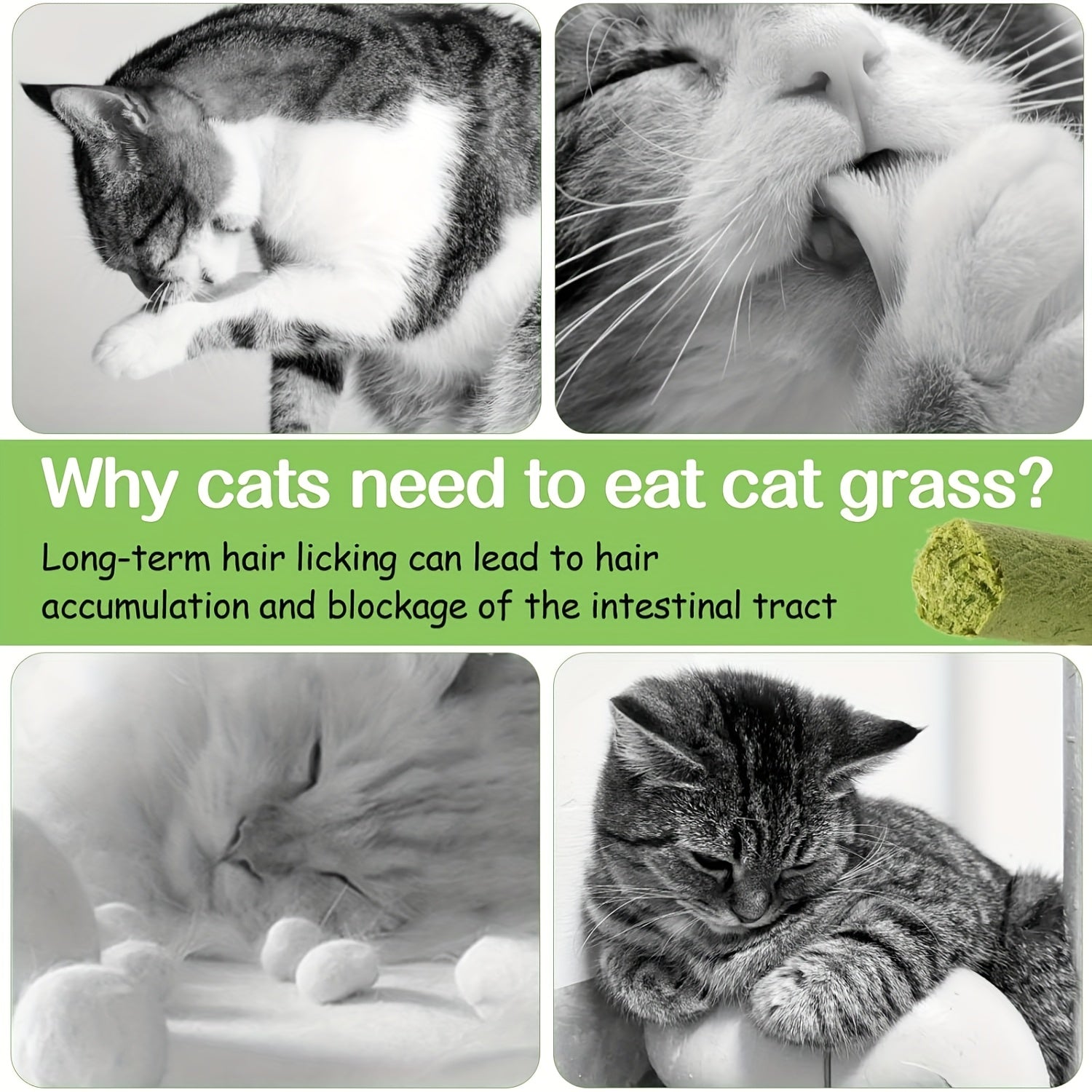 Four cats in black and white photos showing grooming behavior with cat grass benefits infographic - Purrfectly Natural Cat Grass product