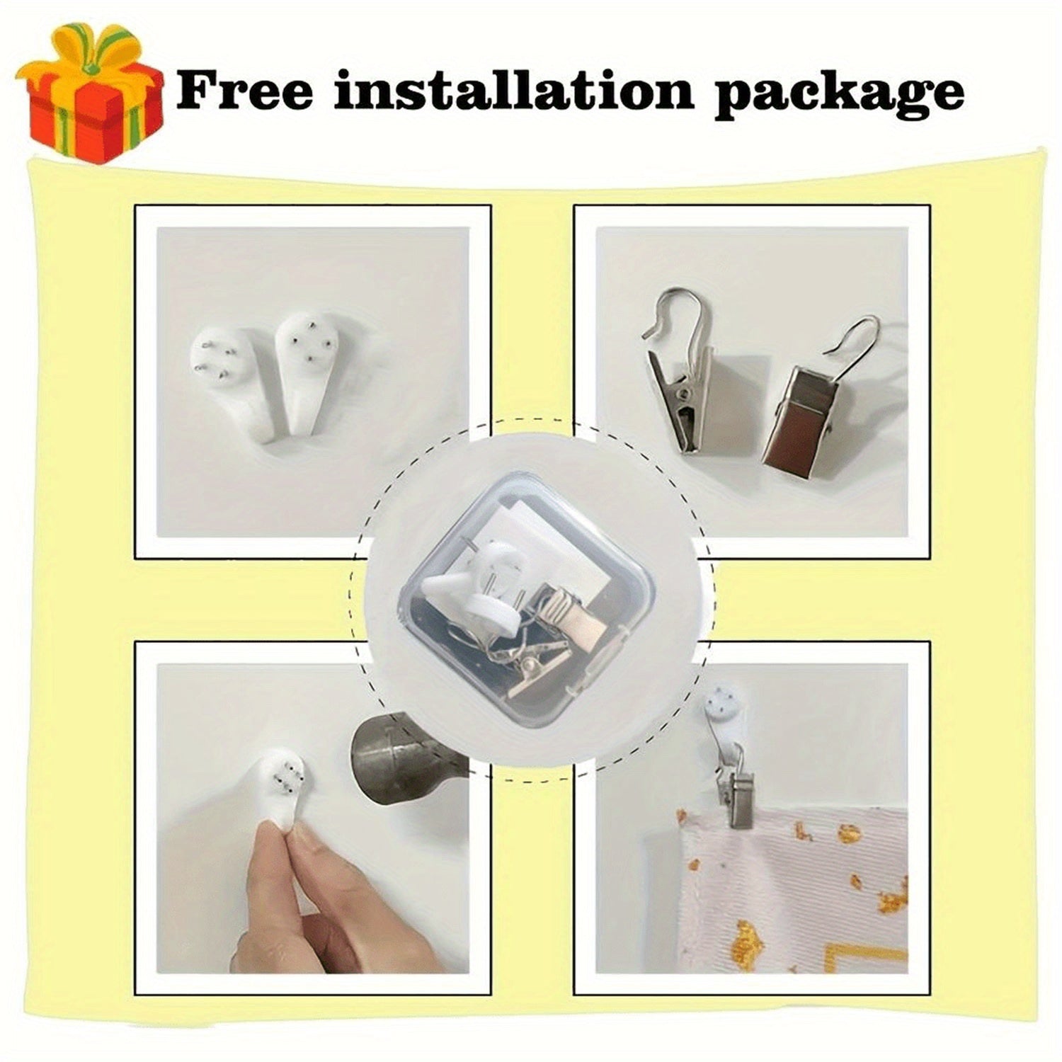 Free installation hardware kit with white wall hooks and metal curtain clips for hanging tapestries and wall decor
