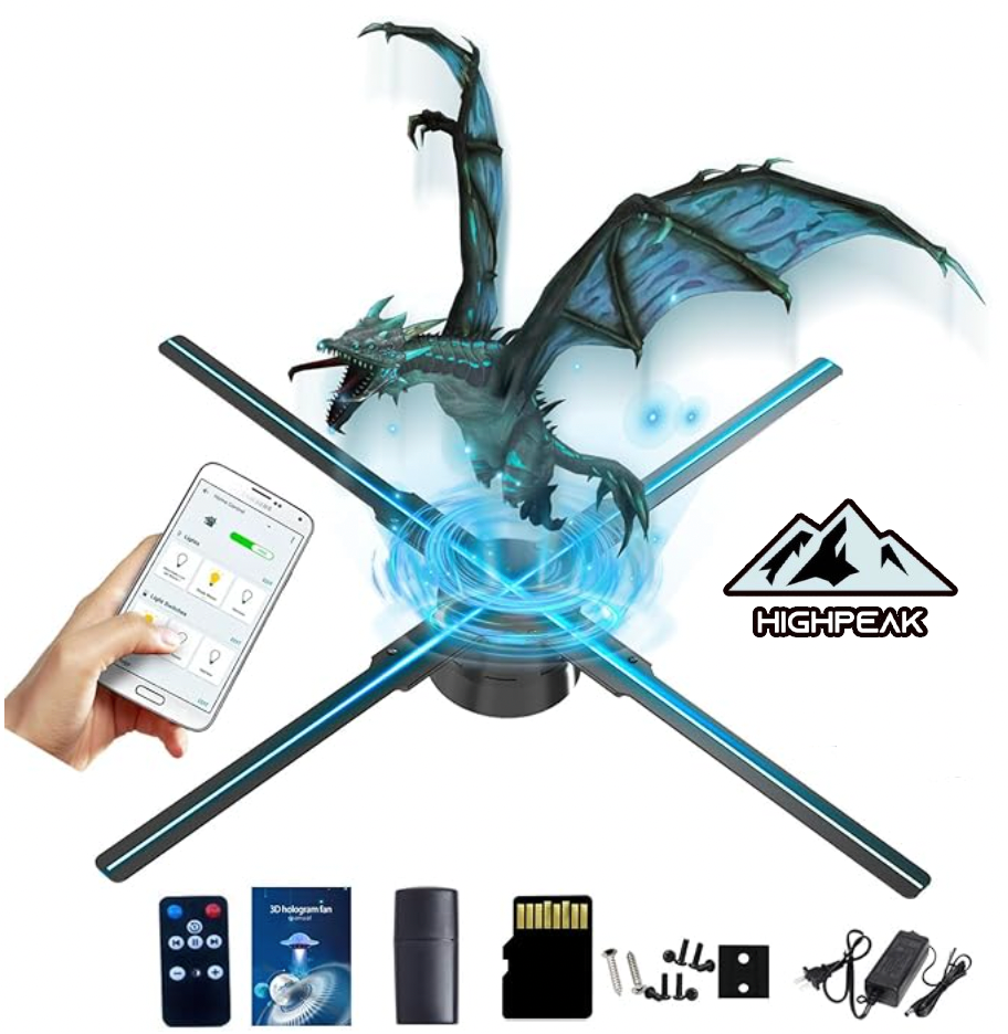 HighPeak AirAura holographic fan displaying 3D dragon projection with smartphone control and accessories included