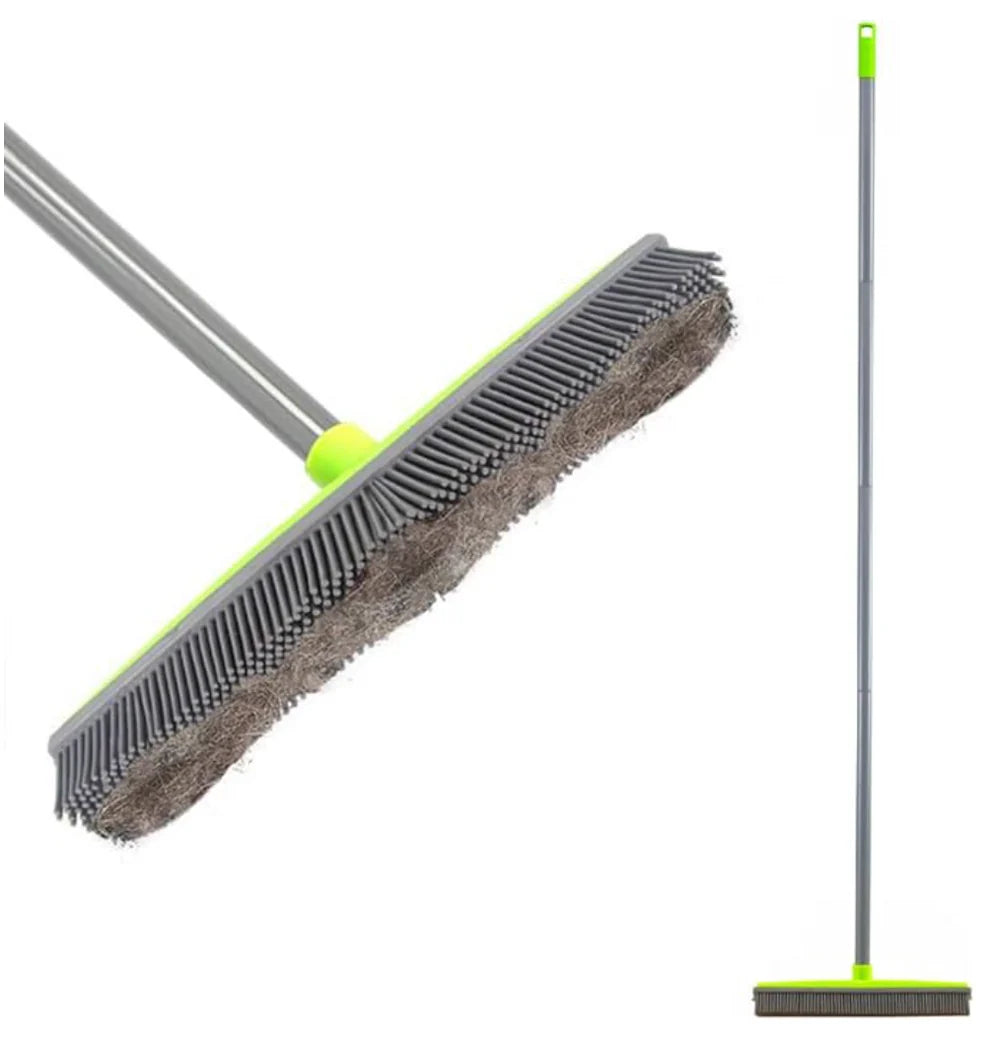 FurSweep Pro rubber bristle broom with gray handle and neon green accents, showing dual-texture cleaning head for pet hair removal