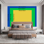 GORILLA BREAKOUT 3D wall tapestry size comparison chart displayed above modern bedroom with beige upholstered bed and neutral decor