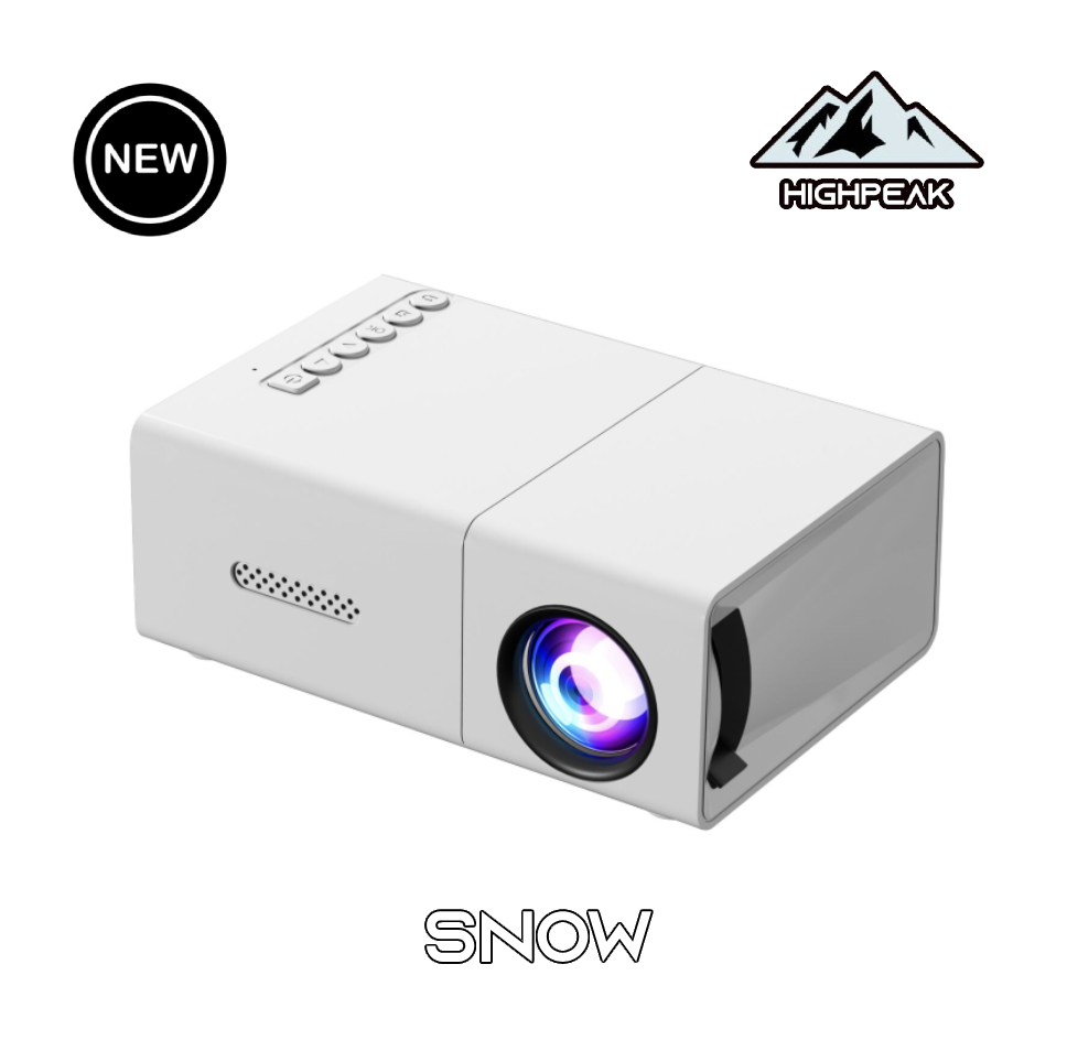 Get It All Bundle - Compact white HighPeak Snow projector with purple-blue lens display and control buttons on top
