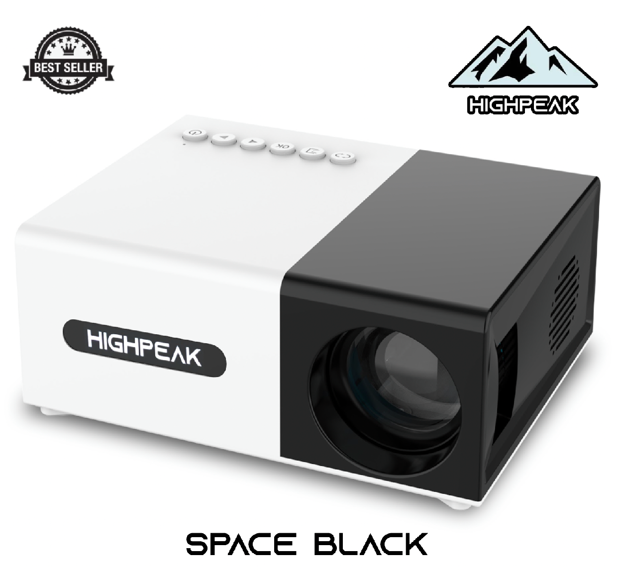 Get It All Bundle: HighPeak compact projector in space black and white design with control buttons and optical lens
