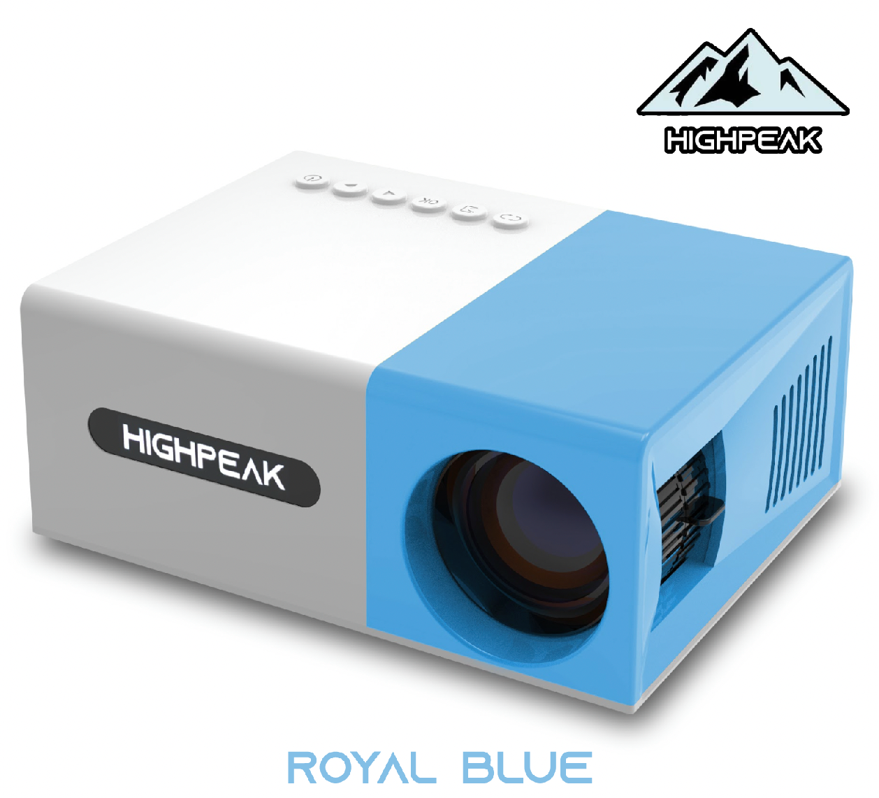 Get It All Bundle: HighPeak mini projector in royal blue and white design with compact lens display and control buttons
