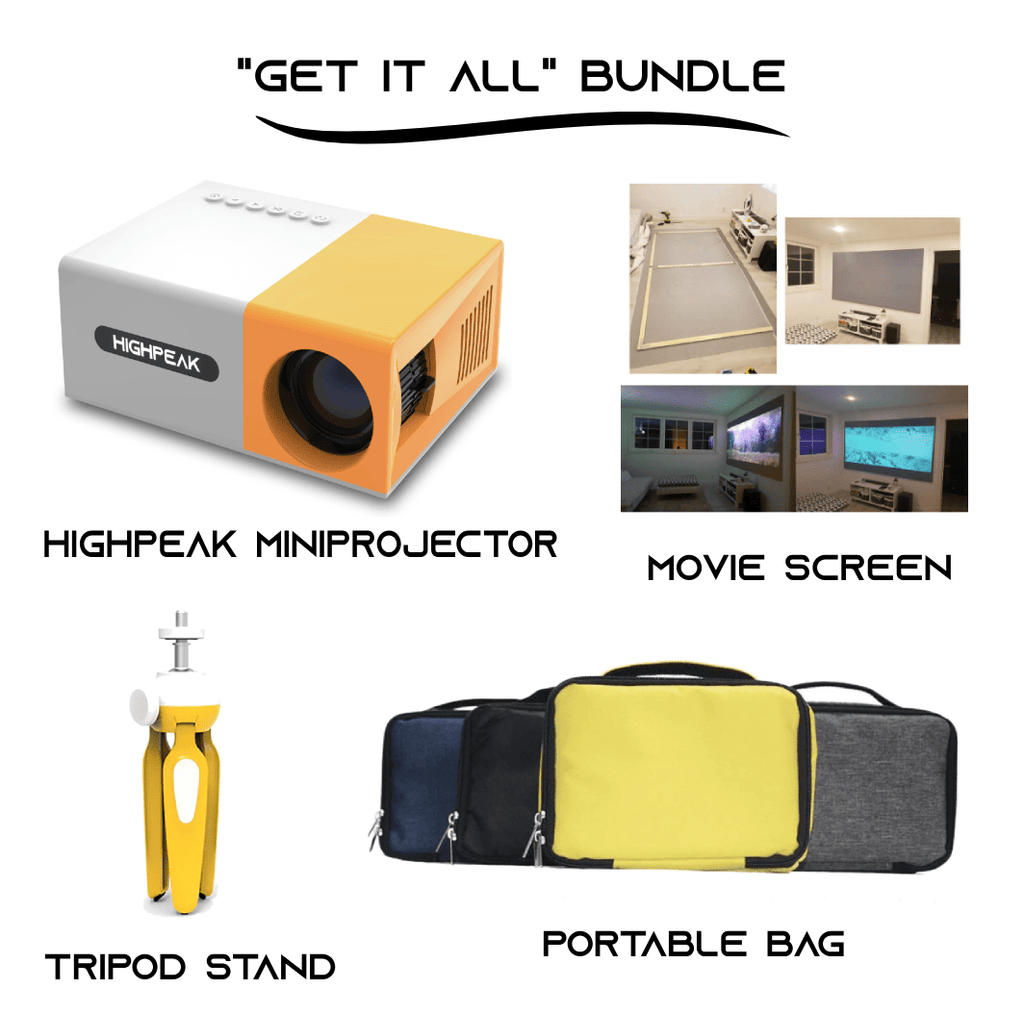 Get It All Bundle featuring orange-white mini projector, movie screen with demo shots, adjustable tripod stand, and yellow carrying bag