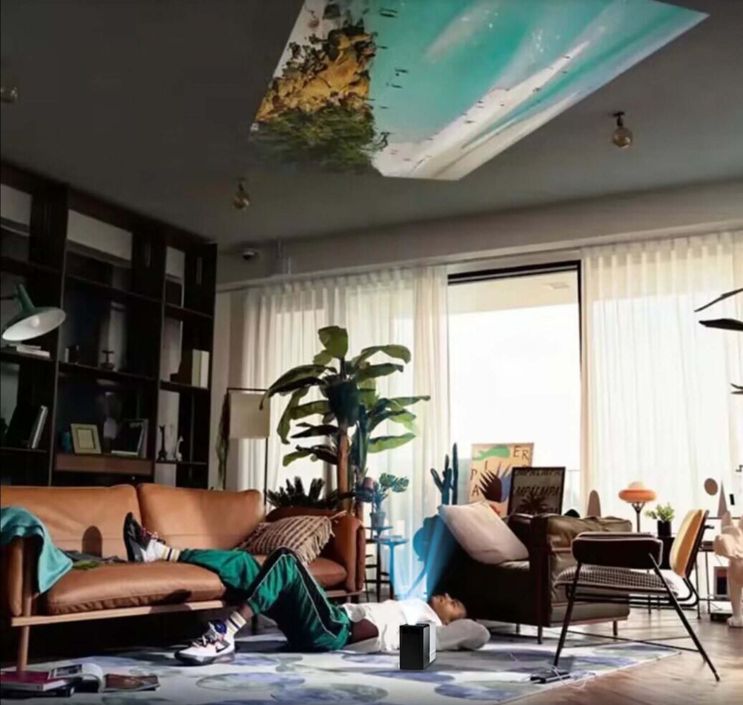 Get It All Bundle projector setup in modern living room with beach ceiling mural and leather sofa showcasing home theater ambiance