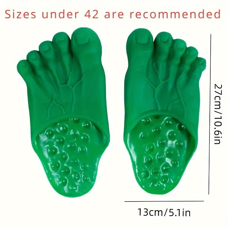 Giant Feet Slippers in bright green with realistic toe details and textured soles, displayed as a pair showing measurements