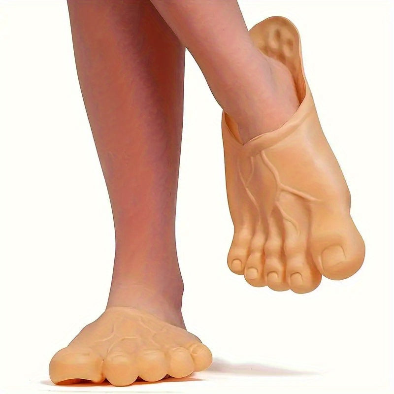 Giant Feet Slippers shown worn, featuring realistic flesh-toned design with detailed toes and veins - novelty house footwear