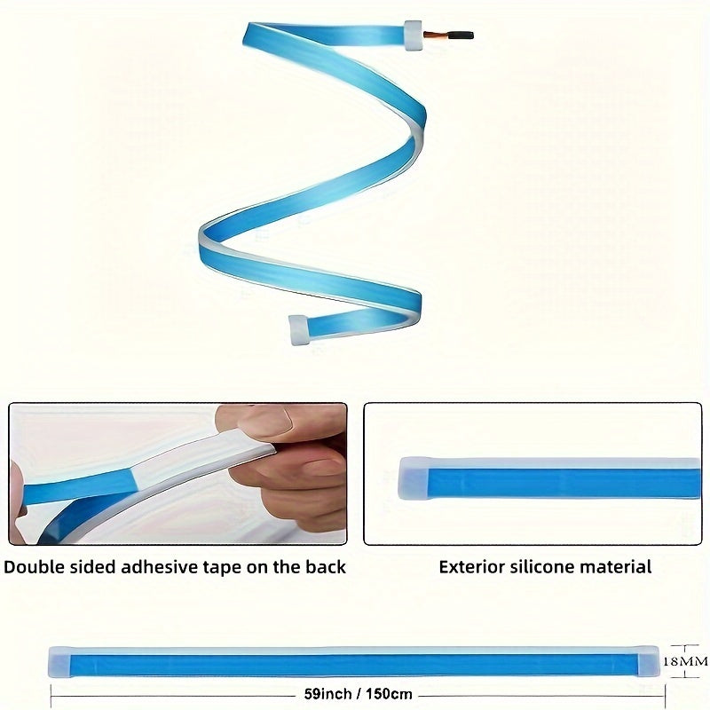GlowEdge LED car door light strip in bright blue with adhesive backing and silicone casing, shown with measurements