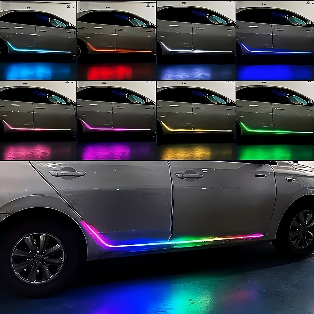GlowEdge LED car door lights displaying multiple RGB color options on silver vehicle, showing ground illumination effects