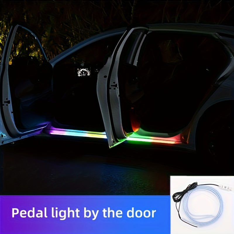 GlowEdge LED car door lights displaying vibrant RGB colors along open vehicle doors at night with ground illumination