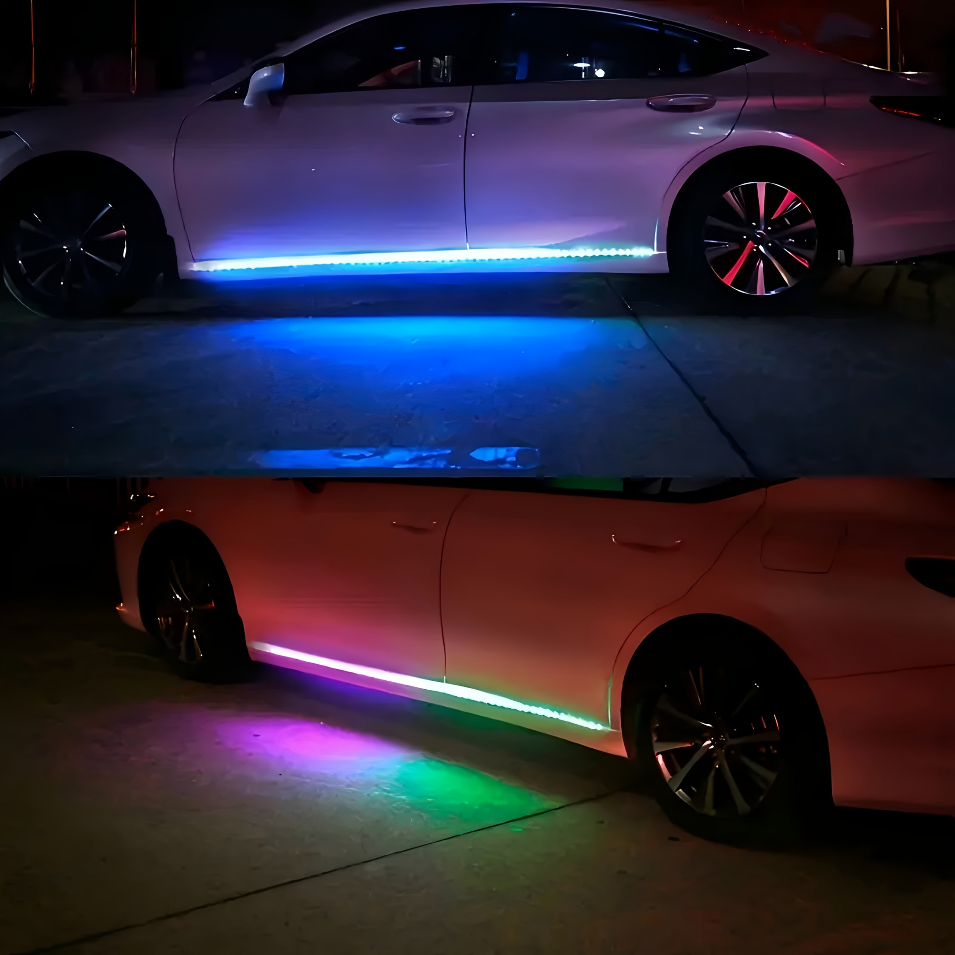 GlowEdge LED car door lights illuminating silver sedan with vibrant blue and multicolor RGB underglow effects at night