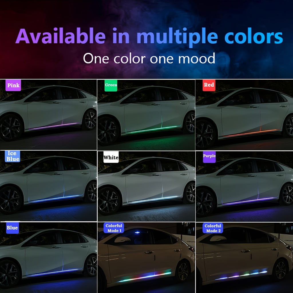 GlowEdge LED car door lights showcasing multiple RGB color modes on sedan - vibrant underbody illumination demonstration