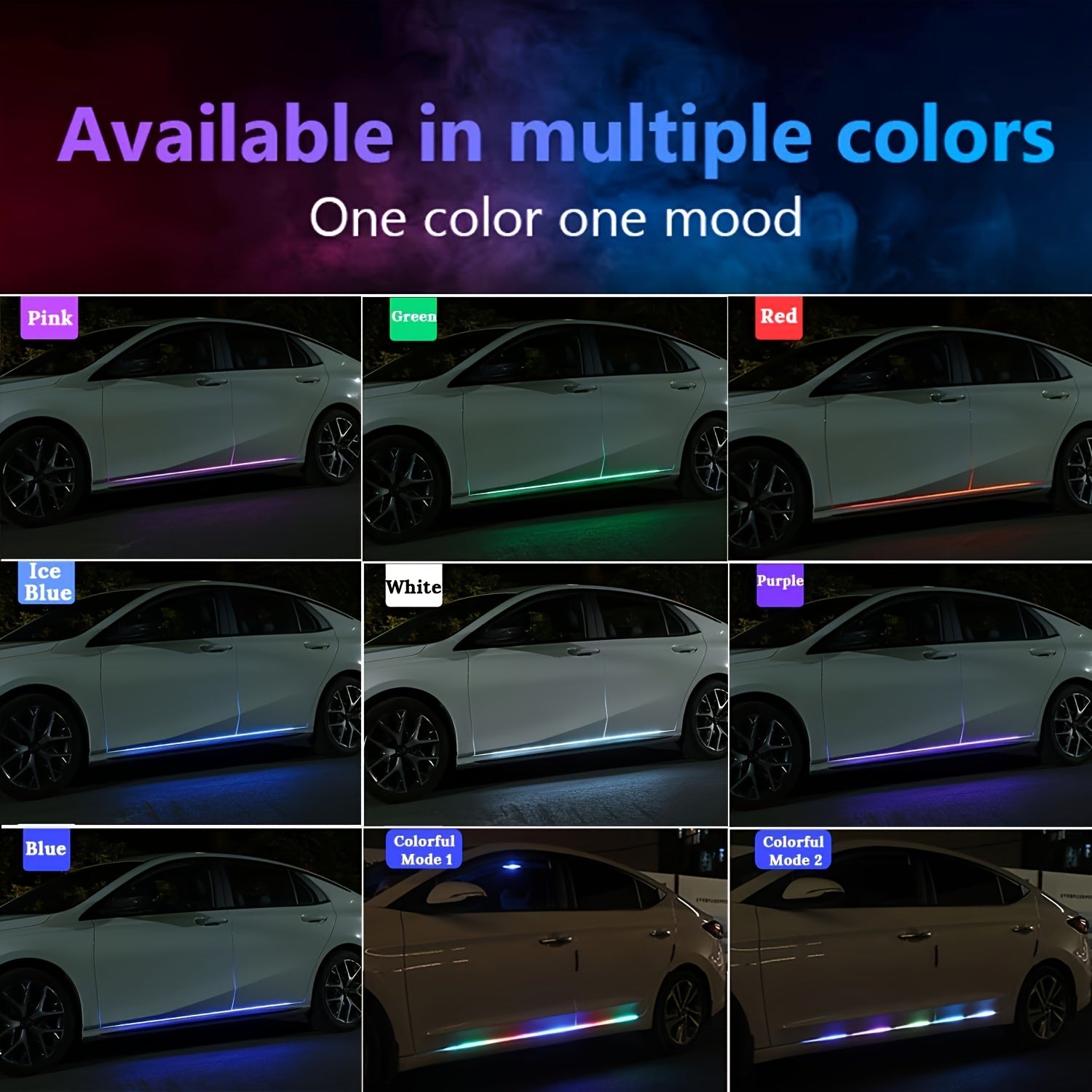 GlowEdge LED car door lights showcasing multiple RGB color modes on sedan - vibrant underbody illumination demonstration