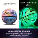 GlowHoop™ Light-Up Basketball by HighPeak showing daytime and glowing night effects with vibrant colors and luminescent design