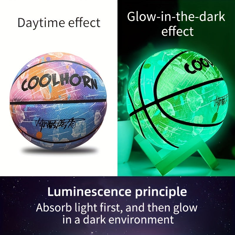 GlowHoop™ Light-Up Basketball by HighPeak showing daytime and glowing night effects with vibrant colors and luminescent design