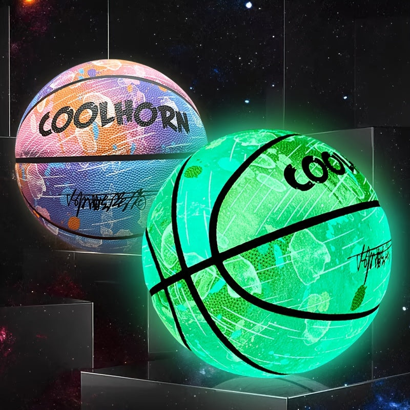 GlowHoop™ Light-Up Basketball glowing green in dark with a colorful version nearby, showcasing glow and durability features