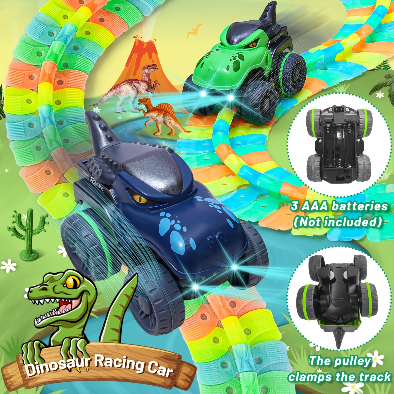 GlowRacer dinosaur-themed LED racing cars with colorful glowing track pieces in prehistoric setting with volcano backdrop