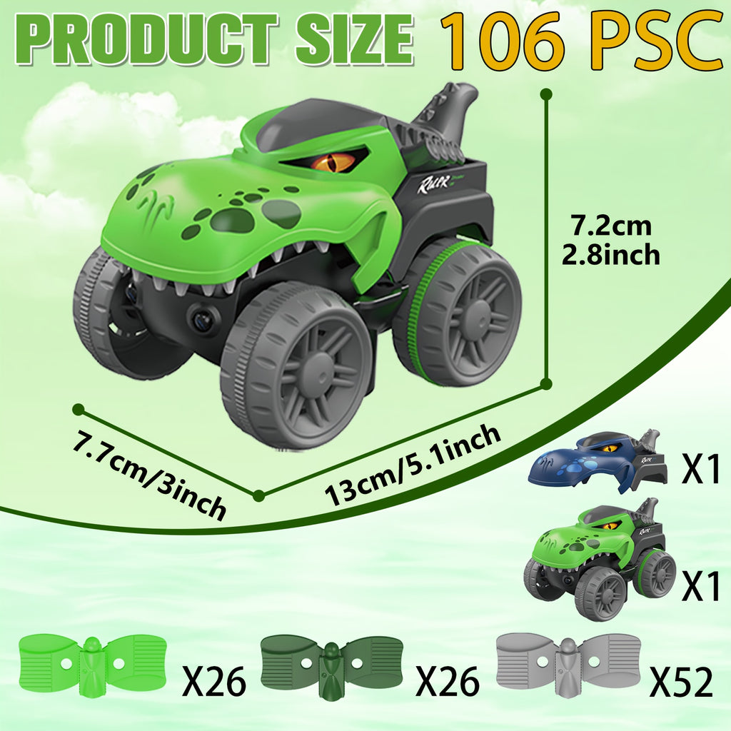 GlowRacer dinosaur-themed toy car set featuring green T-Rex vehicle with large wheels and product dimensions displayed on green background