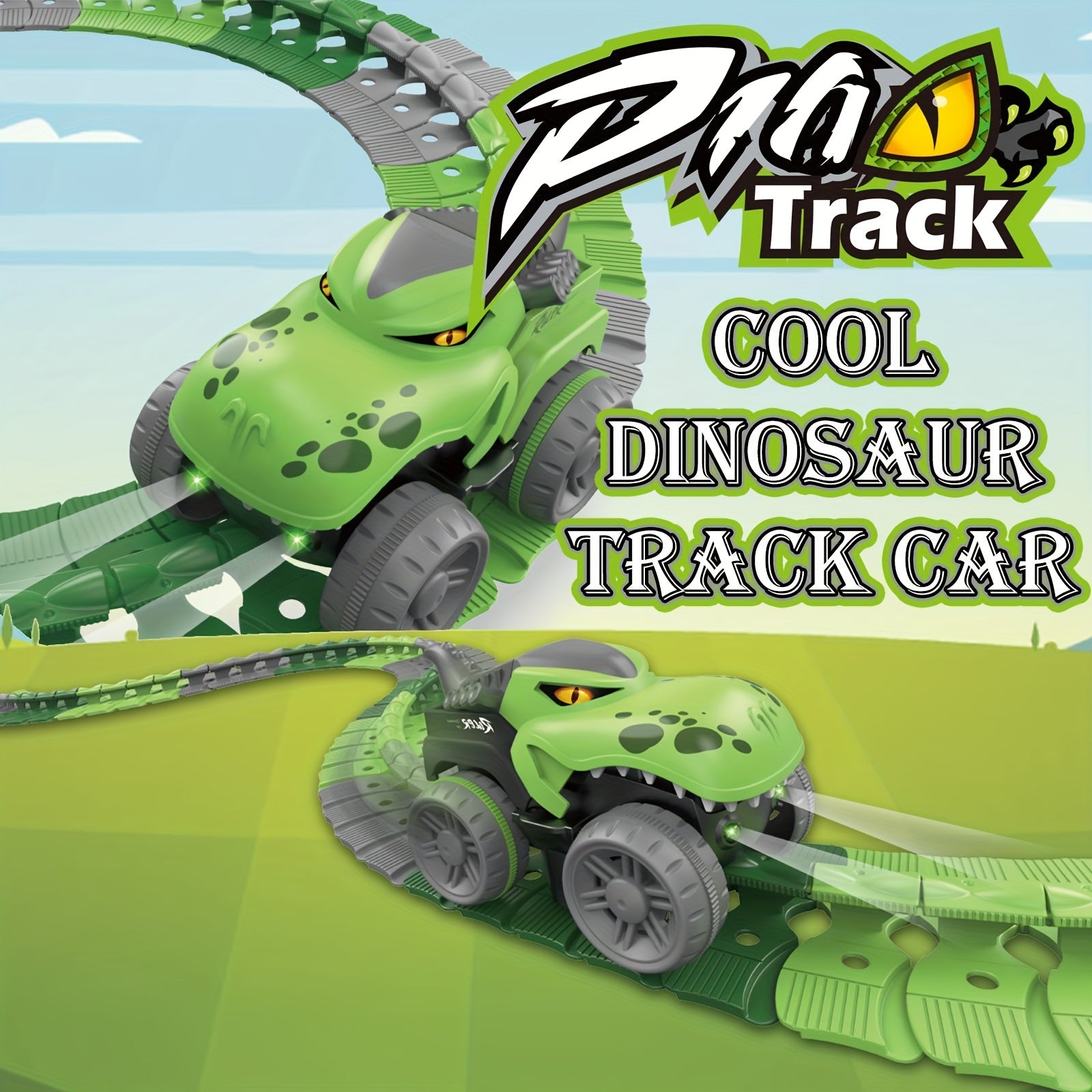GlowRacer dinosaur-themed track car in bright green with LED wheels racing on illuminated flexible track - racing toy set