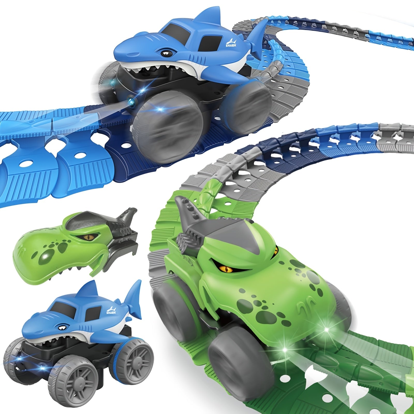 GlowRacer dinosaur and shark racing track set with blue and green LED light-up cars on flexible modular track pieces