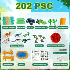 GlowRacer dinosaur theme track set with green and orange pieces, LED car, palm trees, and prehistoric accessories