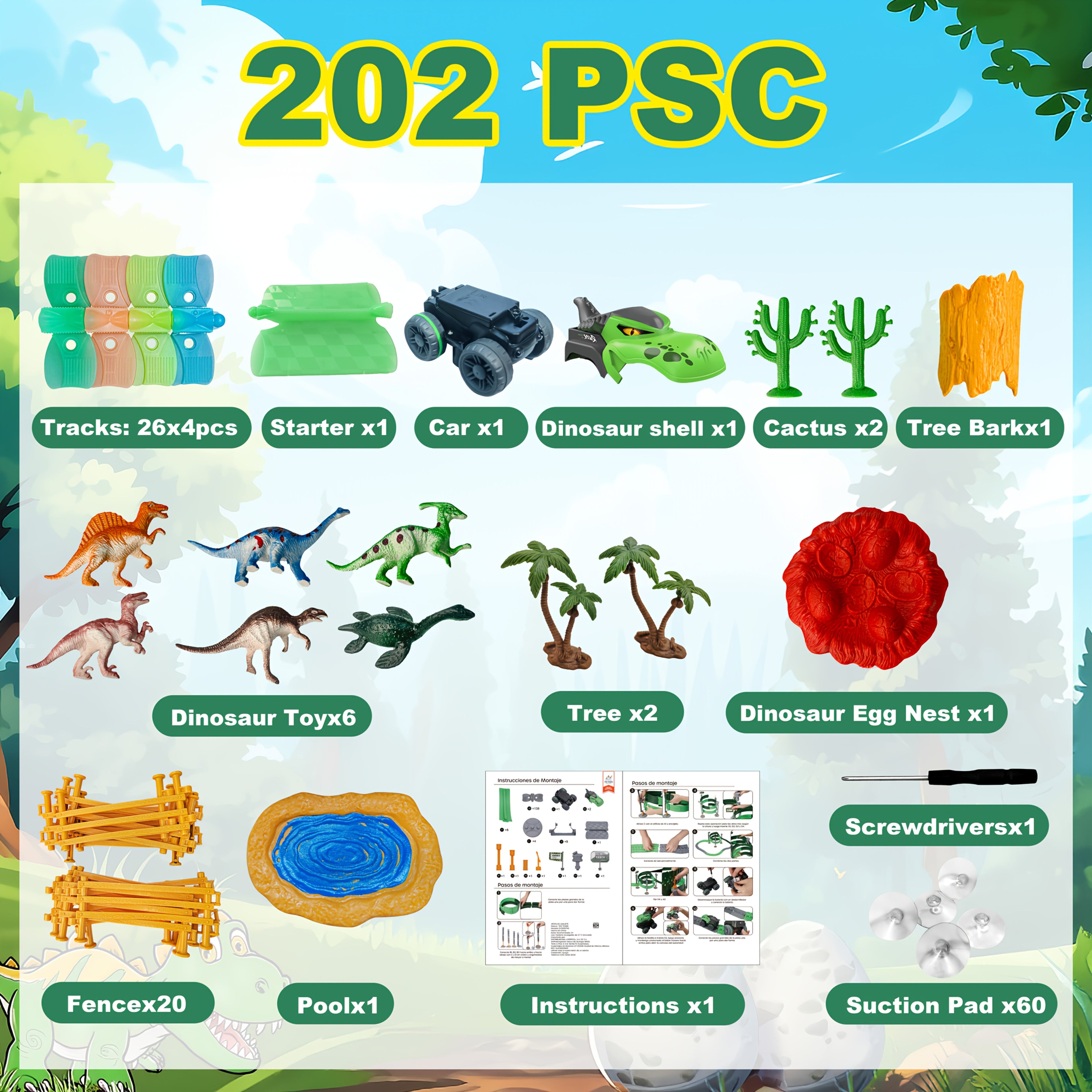 GlowRacer dinosaur theme track set with green and orange pieces, LED car, palm trees, and prehistoric accessories