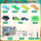GlowRacer dinosaur track set with colorful connectors, LED race cars and track pieces displayed in product package contents view