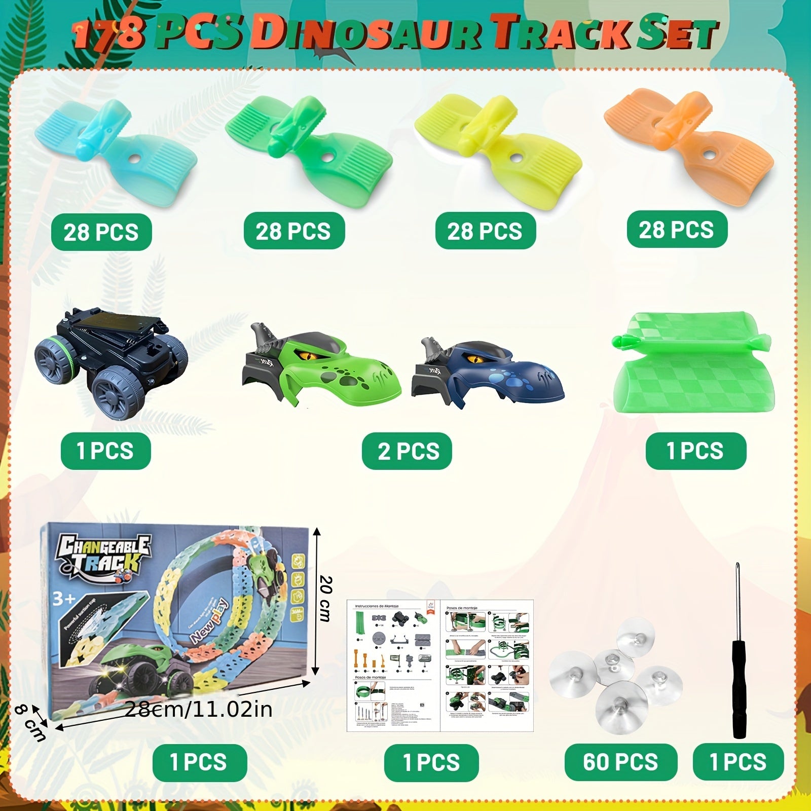 GlowRacer dinosaur track set with colorful connectors, LED race cars and track pieces displayed in product package contents view