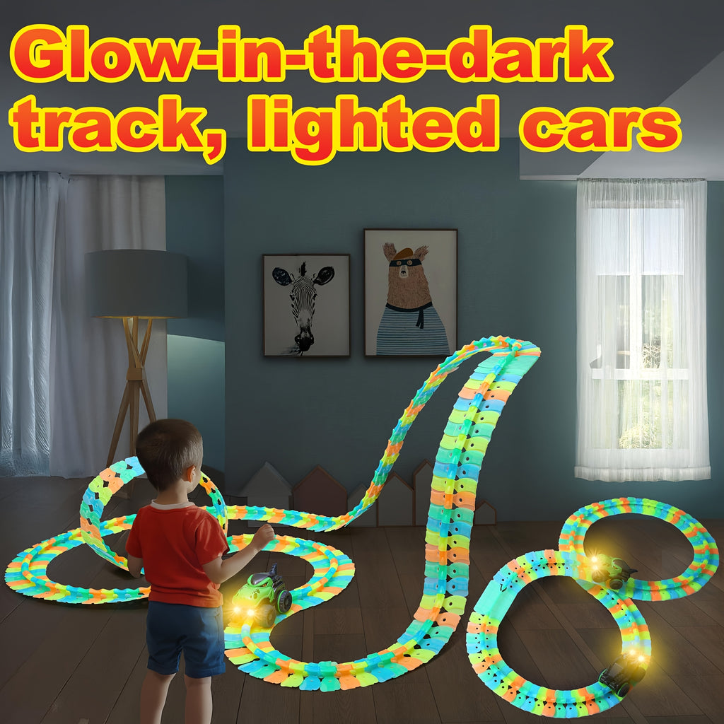 GlowRacer flexible track system with illuminated cars and glowing track pieces displayed in dimly lit room demonstrating nighttime play