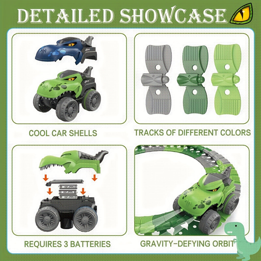 GlowRacer toy car set featuring green and blue vehicle shells with interchangeable track pieces in gray and green colors